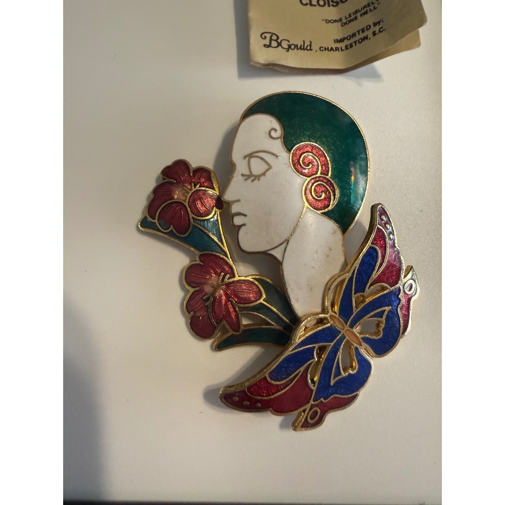 Vintage B Gould Art Deco Cloisonne Enamel Woman Butterfly Flower Brooch Pin 3in